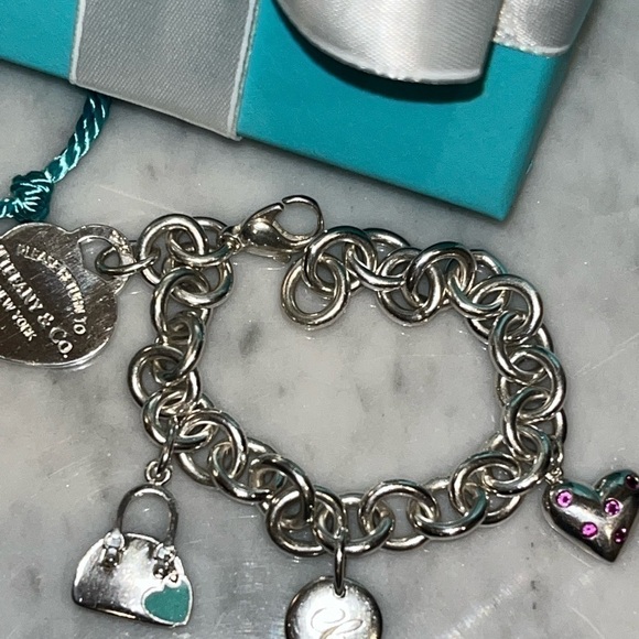 Tiffany & Co. Charm Heart Bracelet w/ Etoile Pink Sapphire & Blue Heart Purse - Picture 9 of 14